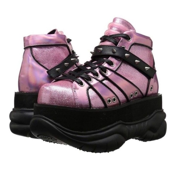 NIB Demonia Neptune 100 Pink Black Iridescent Sparkly Platform Alt Rave Shoes - Picture 2 of 8
